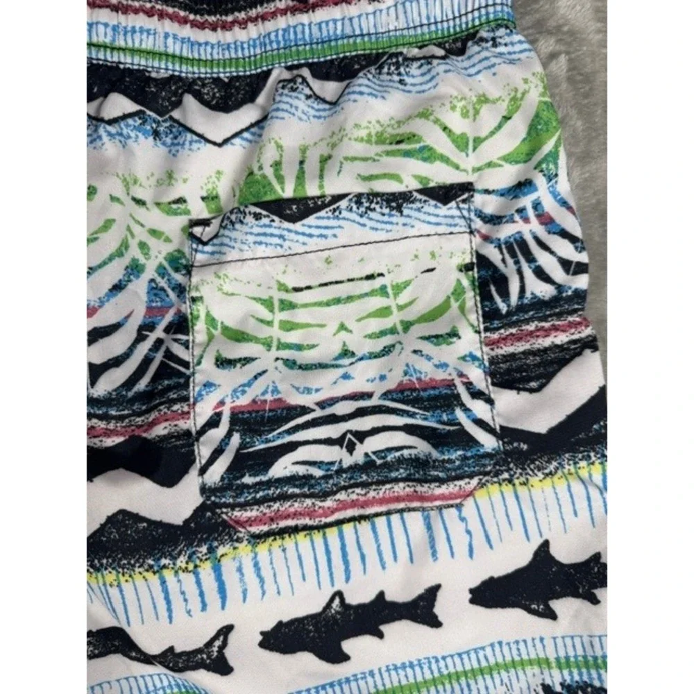 Maui and Sons Swim Trunks Mens Medium Shark Tropical‎ Graphic Board Shorts Multi